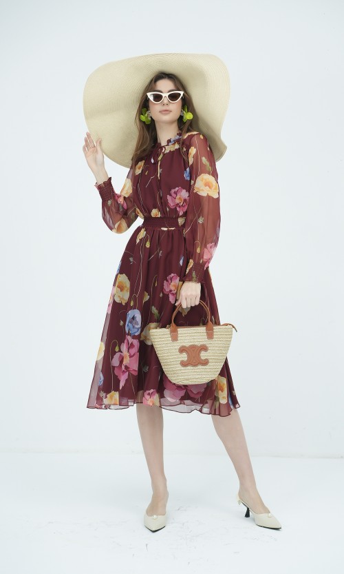 SIXDO G-Wine Floral Voile Flared Dress for Women